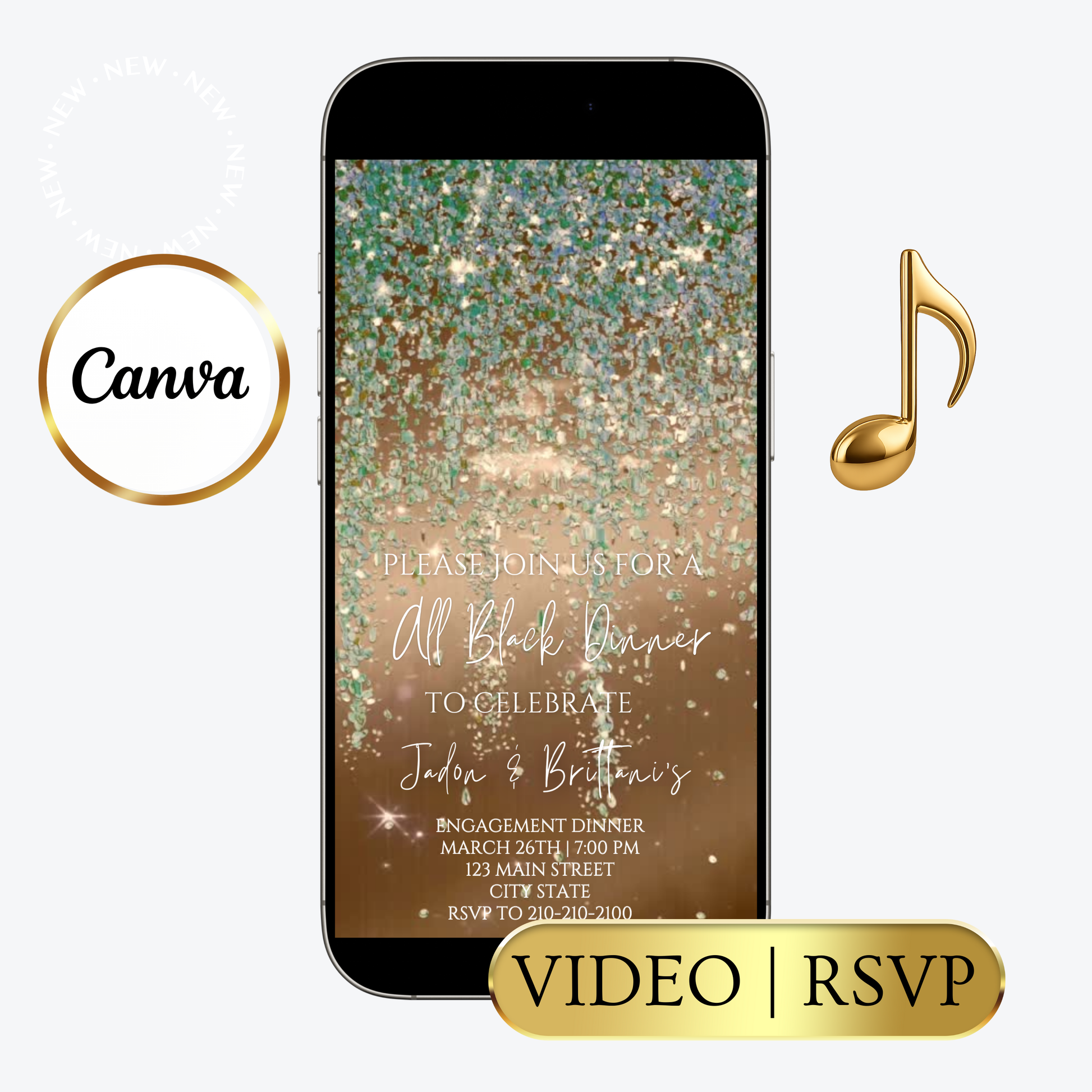 Editable sage green and gold watercolor glitter engagement dinner video invitation displayed on a mobile phone, featuring an animated vertical digital invite with music, created in Canva. This premium video invitation template is designed for sharing by text, email, and social media and works with an interactive RSVP website for easy guest response tracking.