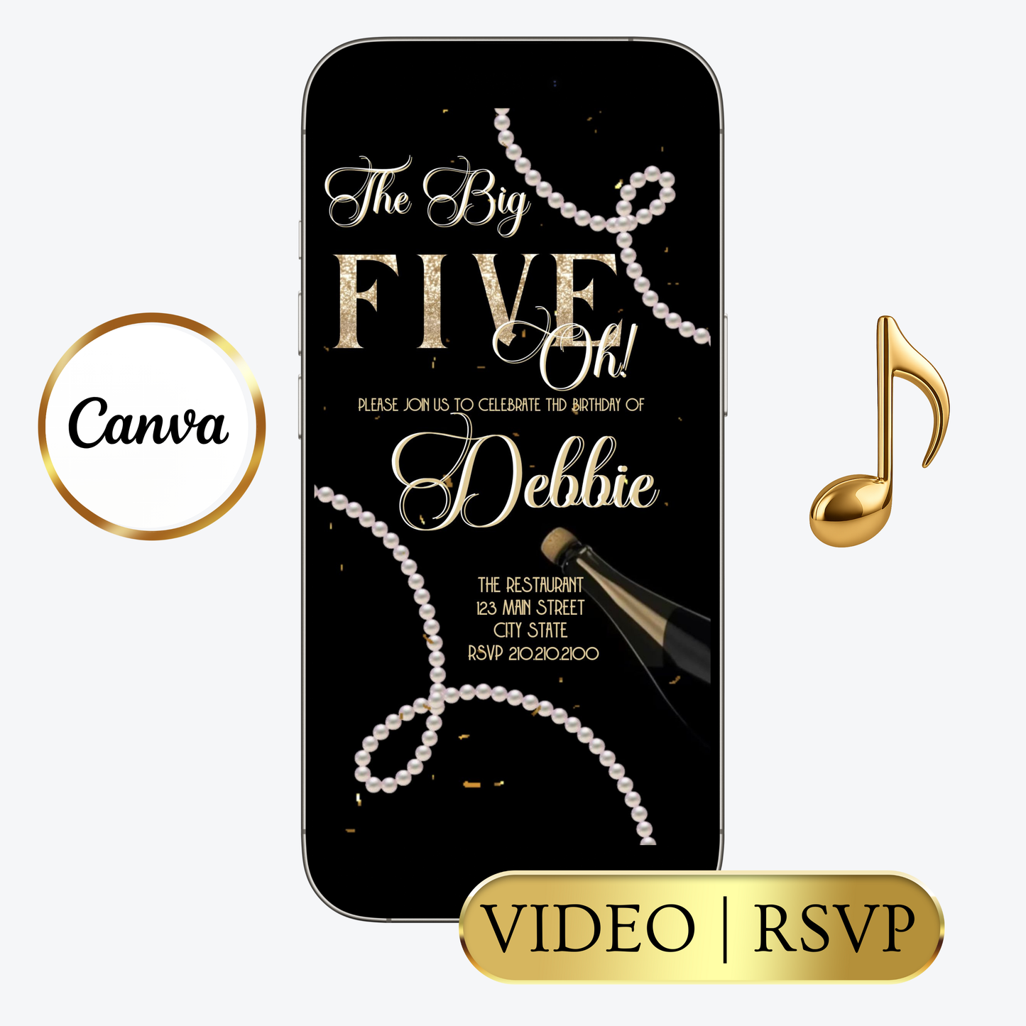 Editable pearl black gold 50th birthday video invitation displayed on a mobile phone, featuring an animated vertical digital invite with music, created in Canva. This premium video invitation template is designed for sharing by text, email, and social media and works with an interactive RSVP website for easy guest response tracking.