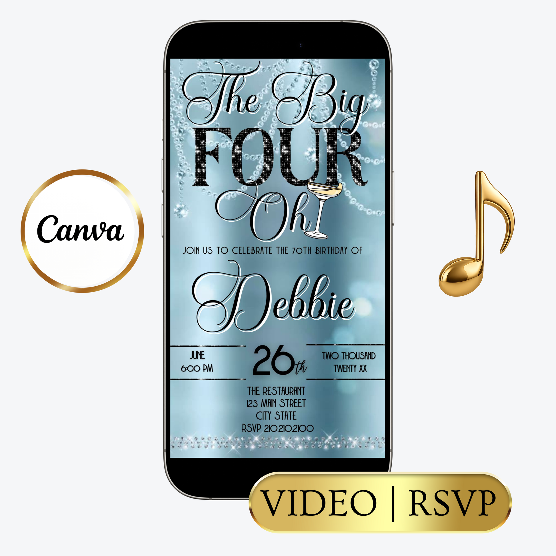 Editable baby blue champagne 40th birthday video invitation displayed on a mobile phone, featuring an animated vertical digital invite with music, created in Canva. This premium video invitation template is designed for sharing by text, email, and social media and works with an interactive RSVP website for easy guest response tracking.