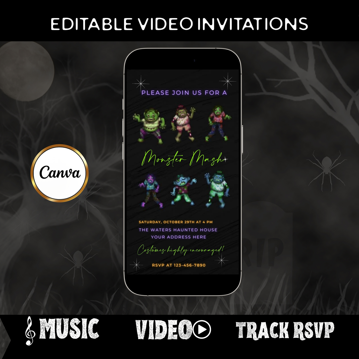 Editable monster mash halloween party party video invitation displayed on a mobile phone, featuring an animated vertical digital invite with music, created in Canva. This premium video invitation template is designed for sharing by text, email, and social media and works with an interactive RSVP website for easy guest response tracking.
