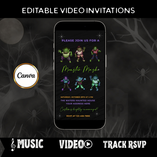 Editable monster mash halloween party party video invitation displayed on a mobile phone, featuring an animated vertical digital invite with music, created in Canva. This premium video invitation template is designed for sharing by text, email, and social media and works with an interactive RSVP website for easy guest response tracking.