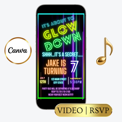 Editable neon glow down birthday video invitation displayed on a mobile phone, featuring an animated vertical digital invite with music, created in Canva. This premium video invitation template is designed for sharing by text, email, and social media and works with an interactive RSVP website for easy guest response tracking.