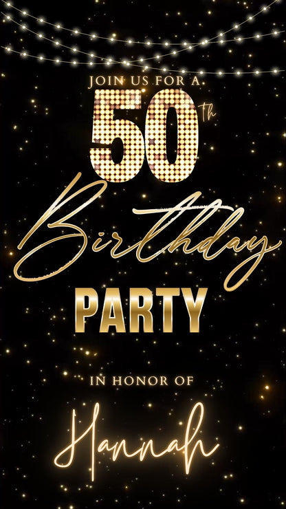 Editable black gold starry 50th birthday video invitation displayed on a mobile phone, featuring an animated vertical digital invite with music, created in Canva. This premium video invitation template is designed for sharing by text, email, and social media and works with an interactive RSVP website for easy guest response tracking.