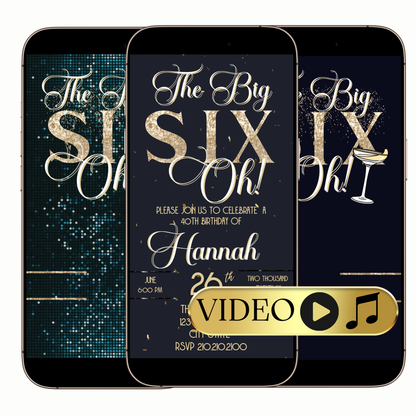 60th birthday video invitation with black and gold glitter design