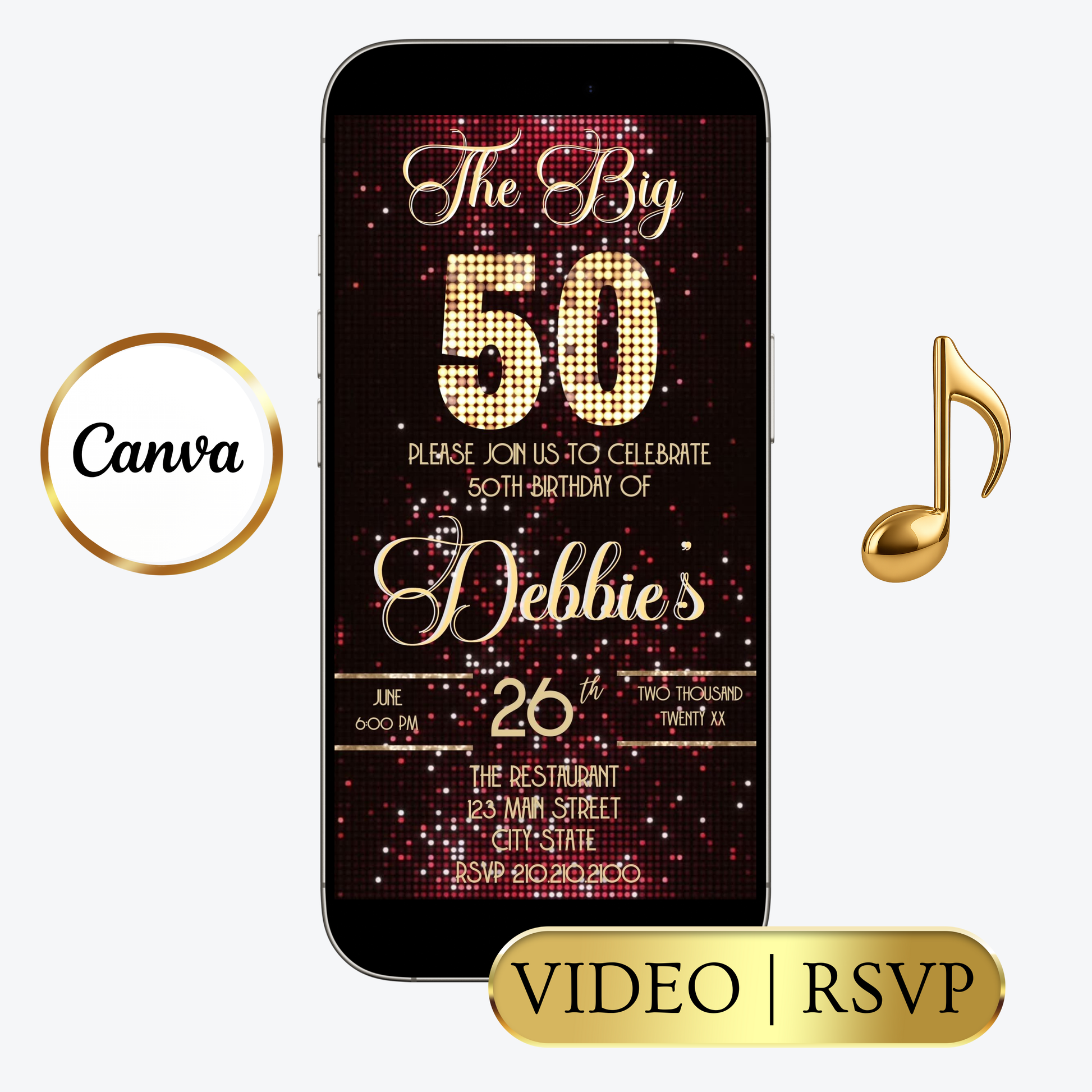 Editable red gold glam 50th birthday video invitation displayed on a mobile phone, featuring an animated vertical digital invite with music, created in Canva. This premium video invitation template is designed for sharing by text, email, and social media and works with an interactive RSVP website for easy guest response tracking.