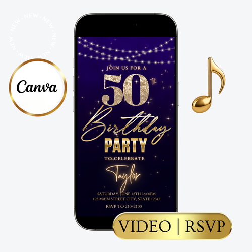 Editable purple gold glam 50th birthday video invitation displayed on a mobile phone, featuring an animated vertical digital invite with music, created in Canva. This premium video invitation template is designed for sharing by text, email, and social media and works with an interactive RSVP website for easy guest response tracking.