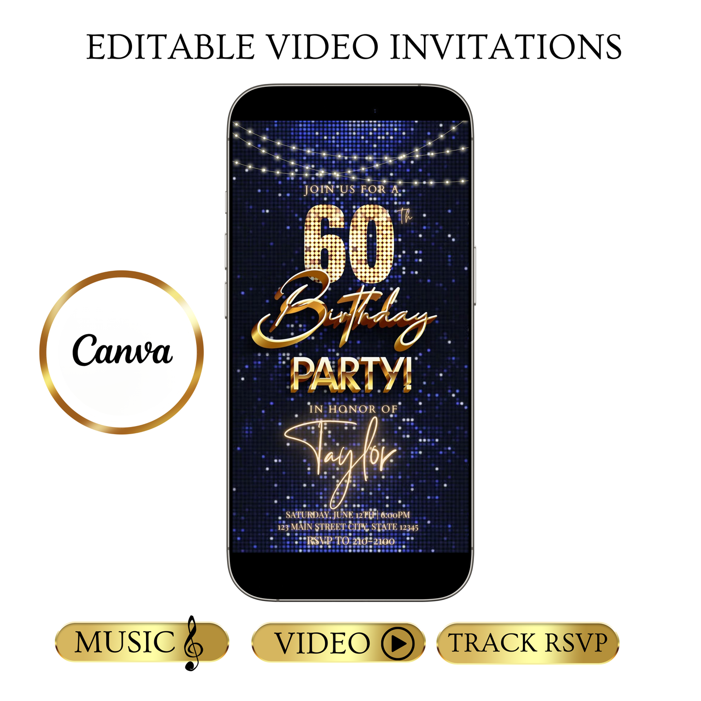Editable navy sequin gold 60th birthday birthday video invitation displayed on a mobile phone, featuring an animated vertical digital invite with music, created in Canva. This premium video invitation template is designed for sharing by text, email, and social media and works with an interactive RSVP website for easy guest response tracking.