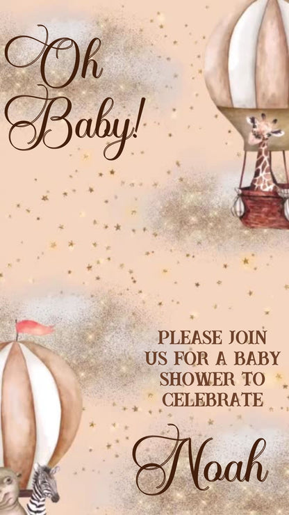 Editable noah’s ark baby shower baby shower video invitation displayed on a mobile phone, featuring an animated vertical digital invite with music, created in Canva. This premium video invitation template is designed for sharing by text, email, and social media and works with an interactive RSVP website for easy guest response tracking.