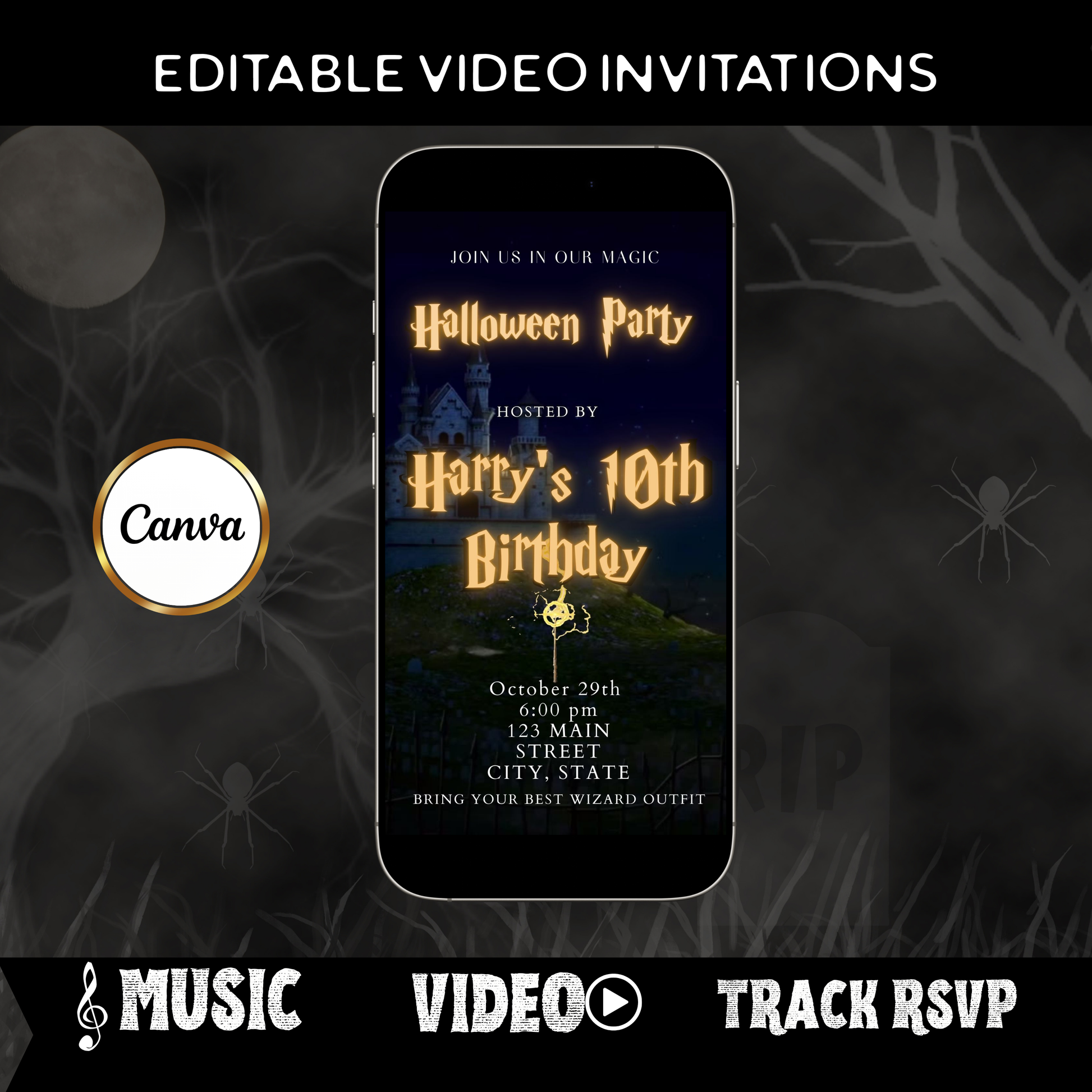 Editable wizard halloween birthday birthday video invitation displayed on a mobile phone, featuring an animated vertical digital invite with music, created in Canva. This premium video invitation template is designed for sharing by text, email, and social media and works with an interactive RSVP website for easy guest response tracking.
