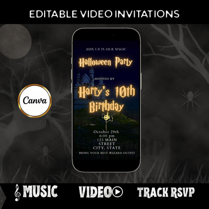 Editable wizard halloween birthday birthday video invitation displayed on a mobile phone, featuring an animated vertical digital invite with music, created in Canva. This premium video invitation template is designed for sharing by text, email, and social media and works with an interactive RSVP website for easy guest response tracking.