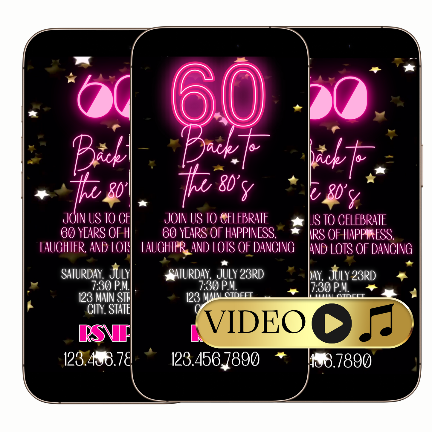 Editable Flashback 80s Neon Birthday Video Invite – 60 Years of Fun Celebration Template