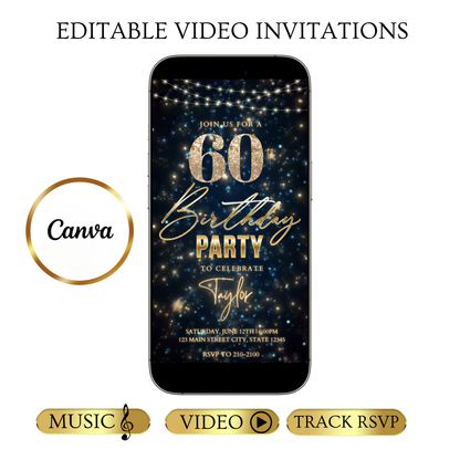 Editable teal gold sparkle 60th birthday birthday video invitation displayed on a mobile phone, featuring an animated vertical digital invite with music, created in Canva. This premium video invitation template is designed for sharing by text, email, and social media and works with an interactive RSVP website for easy guest response tracking.