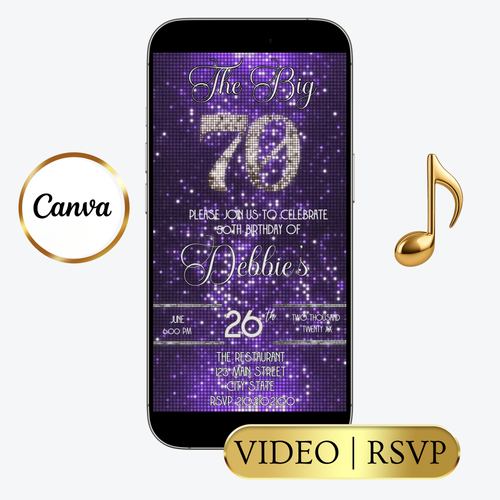 Editable purple sequin 70th birthday video invitation displayed on a mobile phone, featuring an animated vertical digital invite with music, created in Canva. This premium video invitation template is designed for sharing by text, email, and social media and works with an interactive RSVP website for easy guest response tracking.
