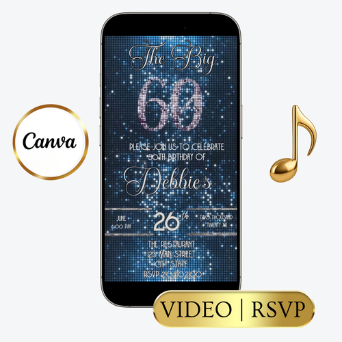 Editable blue sequin 60th birthday video invitation displayed on a mobile phone, featuring an animated vertical digital invite with music, created in Canva. This premium video invitation template is designed for sharing by text, email, and social media and works with an interactive RSVP website for easy guest response tracking.