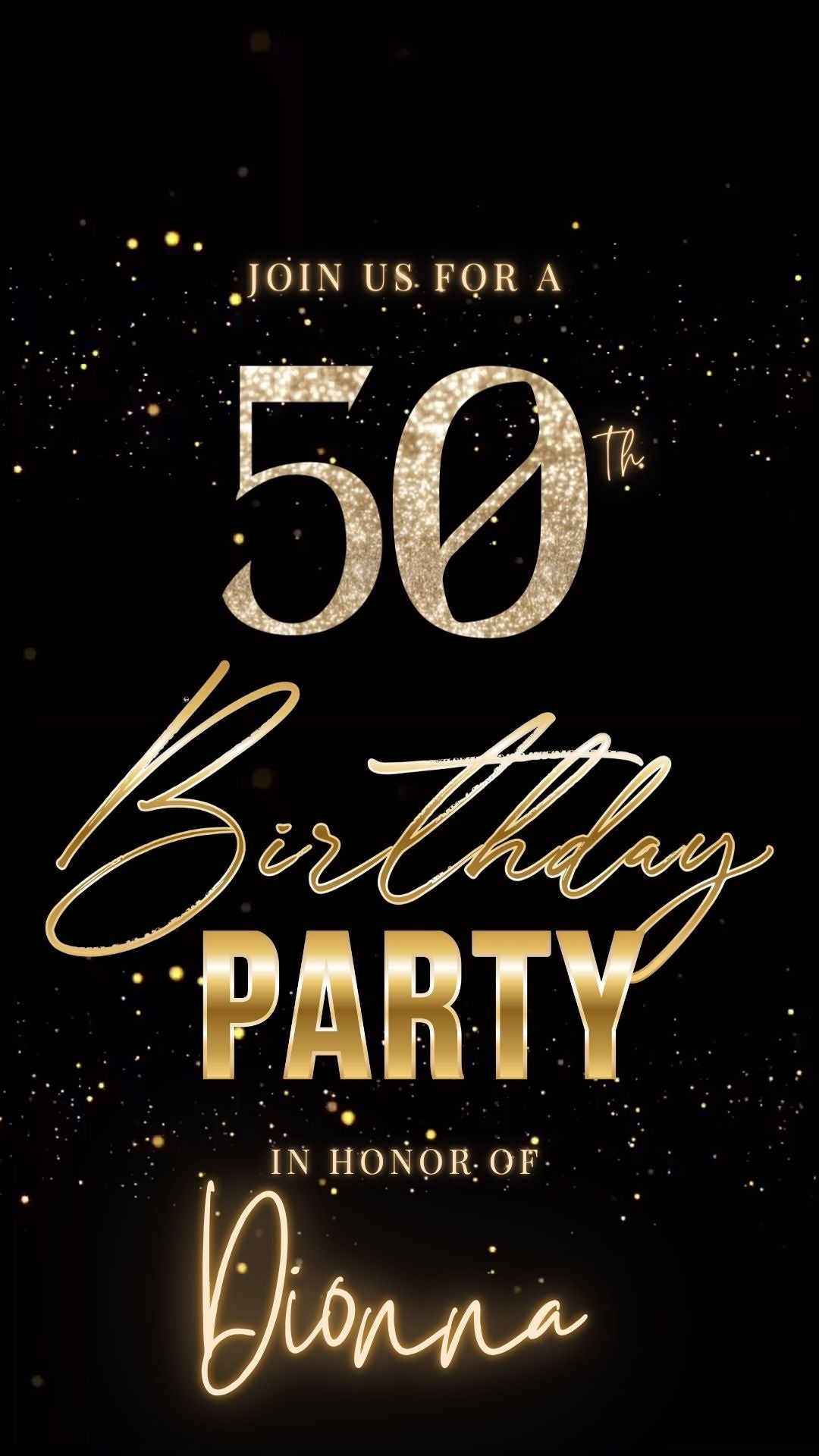 Editable black gold shimmer 50th birthday video invitation displayed on a mobile phone, featuring an animated vertical digital invite with music, created in Canva. This premium video invitation template is designed for sharing by text, email, and social media and works with an interactive RSVP website for easy guest response tracking.
