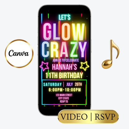 Editable glow crazy 11th birthday video invitation displayed on a mobile phone, featuring an animated vertical digital invite with music, created in Canva. This premium video invitation template is designed for sharing by text, email, and social media and works with an interactive RSVP website for easy guest response tracking.