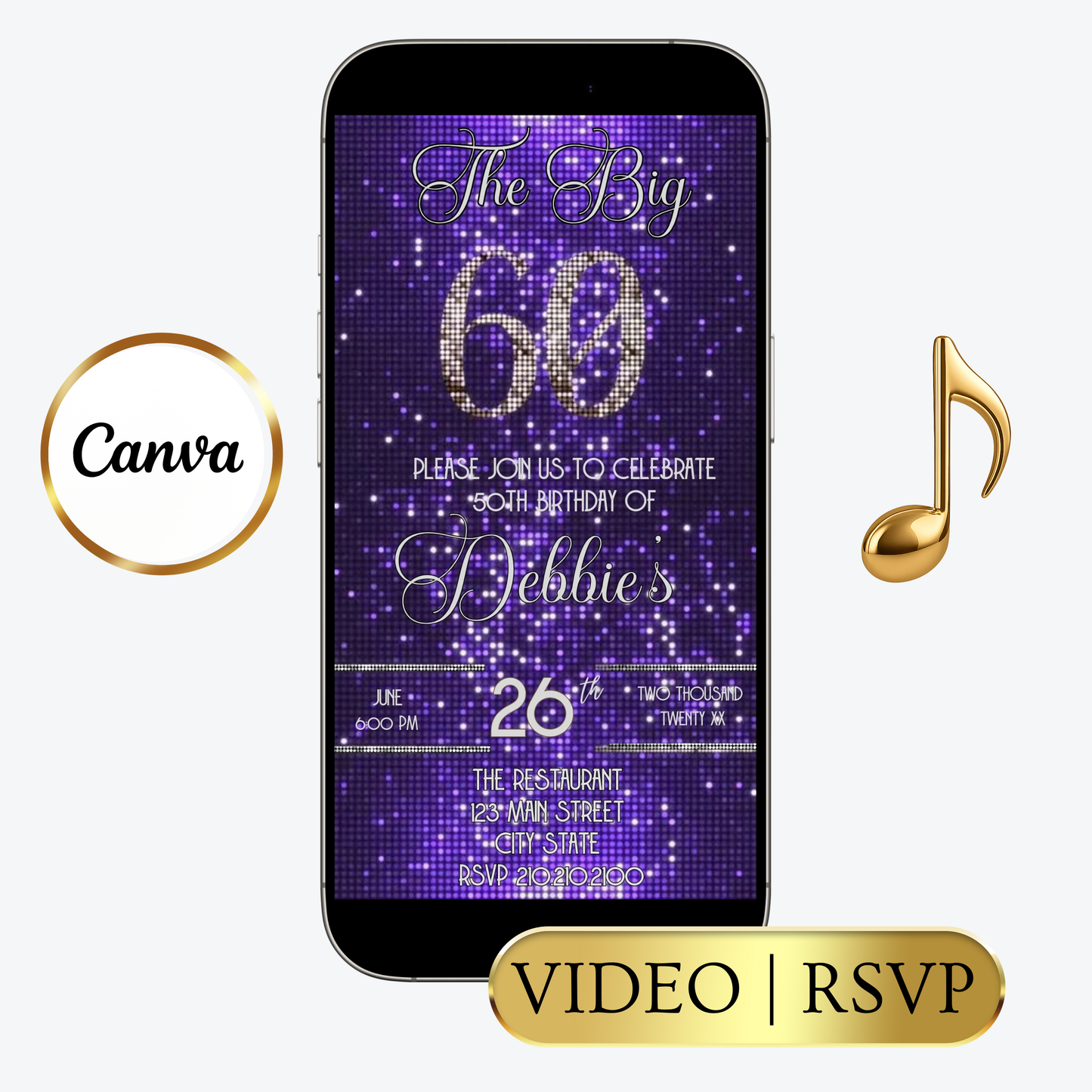 Editable purple shimmer 60th birthday video invitation displayed on a mobile phone, featuring an animated vertical digital invite with music, created in Canva. This premium video invitation template is designed for sharing by text, email, and social media and works with an interactive RSVP website for easy guest response tracking.