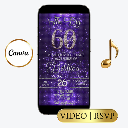 Editable purple shimmer 60th birthday video invitation displayed on a mobile phone, featuring an animated vertical digital invite with music, created in Canva. This premium video invitation template is designed for sharing by text, email, and social media and works with an interactive RSVP website for easy guest response tracking.