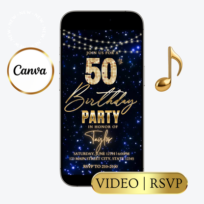 Editable gold black elegant 50th birthday video invitation displayed on a mobile phone, featuring an animated vertical digital invite with music, created in Canva. This premium video invitation template is designed for sharing by text, email, and social media and works with an interactive RSVP website for easy guest response tracking.