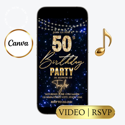 Editable gold black elegant 50th birthday video invitation displayed on a mobile phone, featuring an animated vertical digital invite with music, created in Canva. This premium video invitation template is designed for sharing by text, email, and social media and works with an interactive RSVP website for easy guest response tracking.