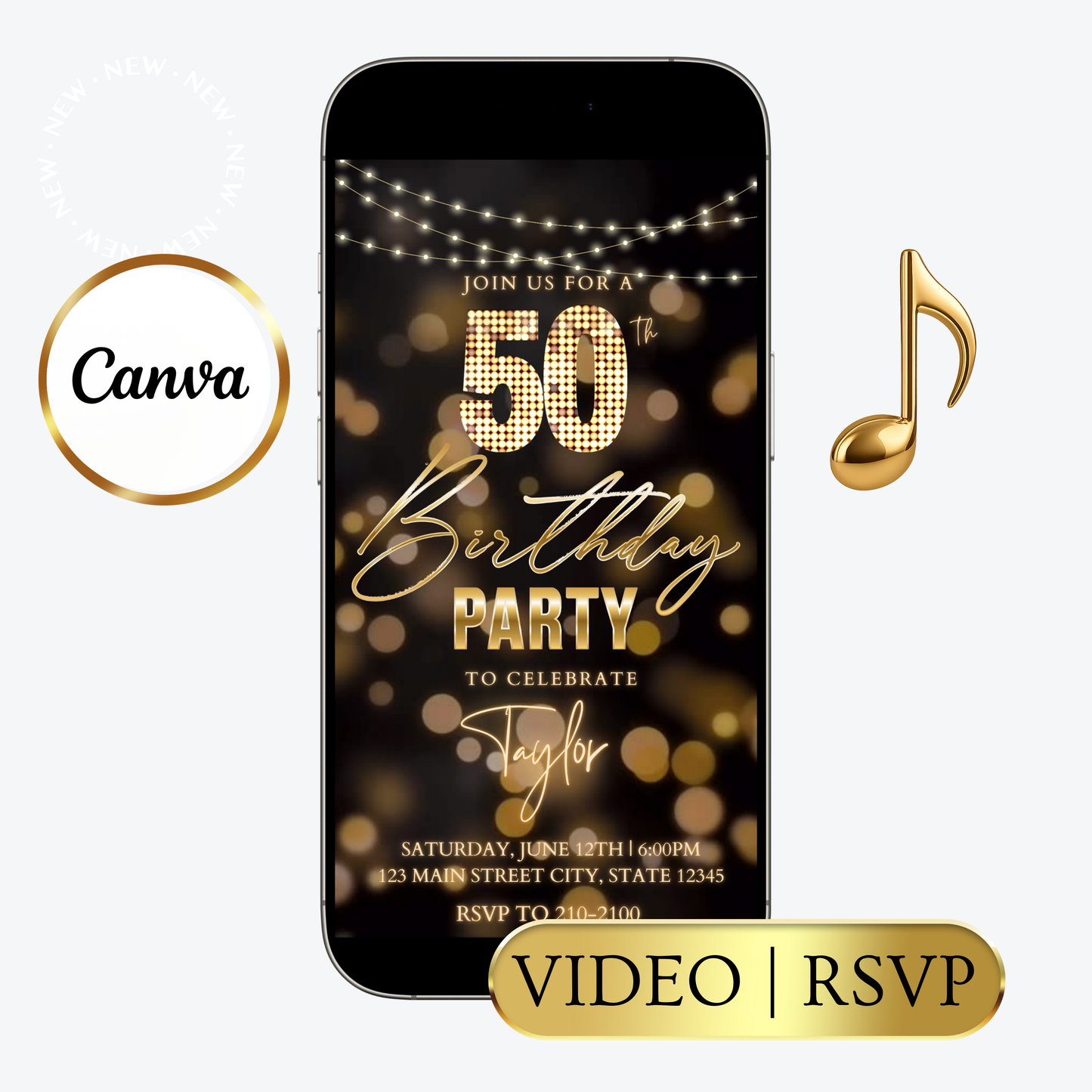 Editable blue gold starry 50th birthday video invitation displayed on a mobile phone, featuring an animated vertical digital invite with music, created in Canva. This premium video invitation template is designed for sharing by text, email, and social media and works with an interactive RSVP website for easy guest response tracking.