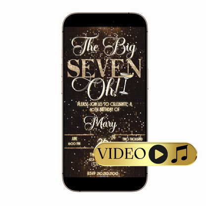 Editable The Big Seven-Oh 70th Birthday Video Invitation — Elegant Gold Glam Design Template