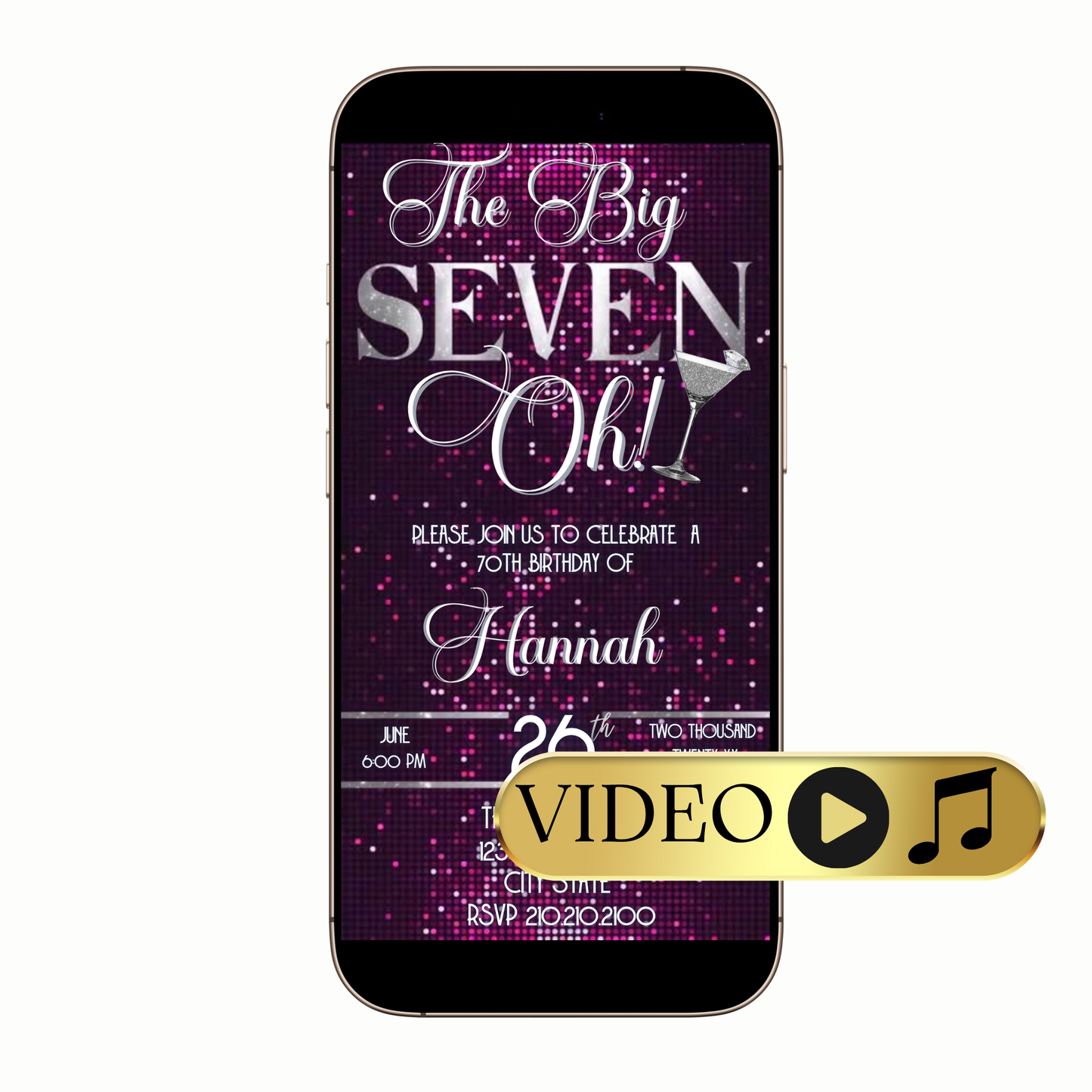 Editable Glamorous 70th Birthday Video Invitation – Pink Sparkle & Silver Theme Template