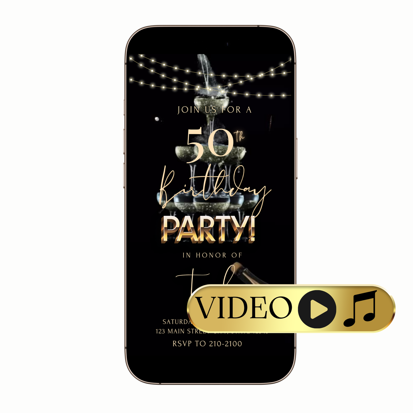 Editable Black and gold with champagne tower Digital Video Invitation Template