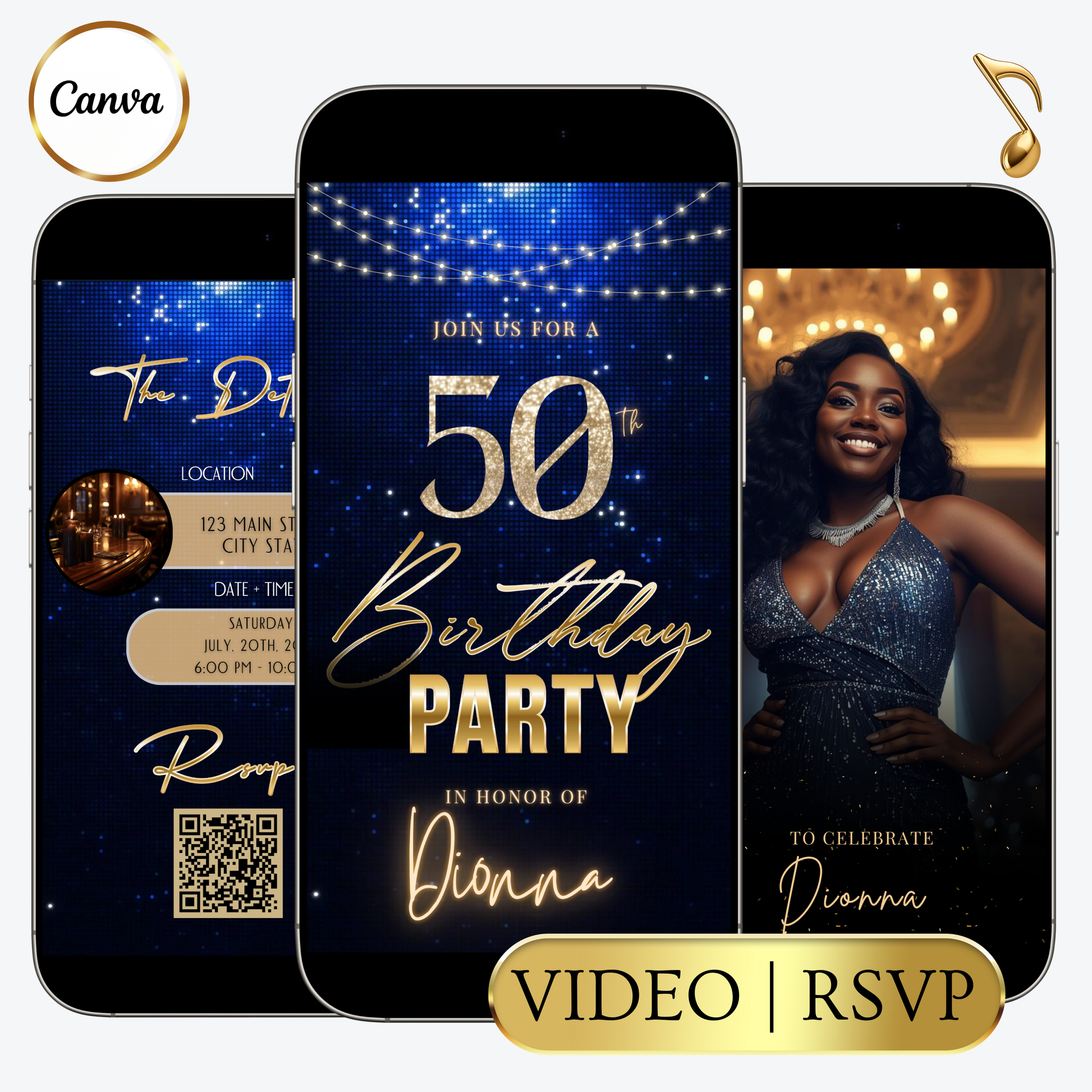 Editable navy blue glitter 50th birthday video invitation displayed on a mobile phone, featuring an animated vertical digital invite with music, created in Canva. This premium video invitation template is designed for sharing by text, email, and social media and works with an interactive RSVP website for easy guest response tracking.