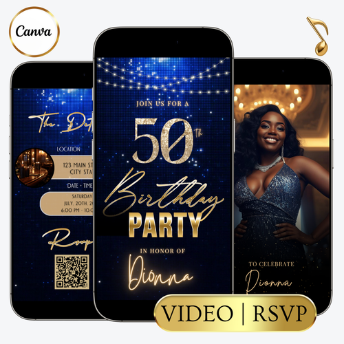 Editable navy blue glitter 50th birthday video invitation displayed on a mobile phone, featuring an animated vertical digital invite with music, created in Canva. This premium video invitation template is designed for sharing by text, email, and social media and works with an interactive RSVP website for easy guest response tracking.