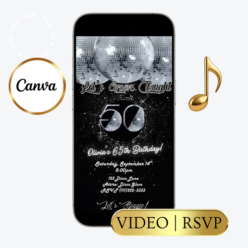 Editable silver studio 54 disco 50th birthday video invitation displayed on a mobile phone, featuring an animated vertical digital invite with music, created in Canva. This premium video invitation template is designed for sharing by text, email, and social media and works with an interactive RSVP website for easy guest response tracking.