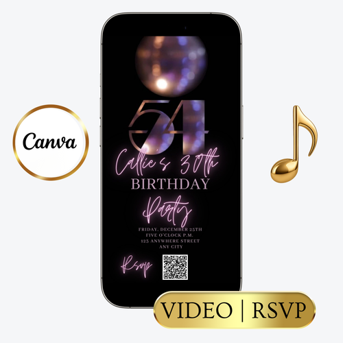 Editable subtle disco 54th birthday video invitation displayed on a mobile phone, featuring an animated vertical digital invite with music, created in Canva. This premium video invitation template is designed for sharing by text, email, and social media and works with an interactive RSVP website for easy guest response tracking.