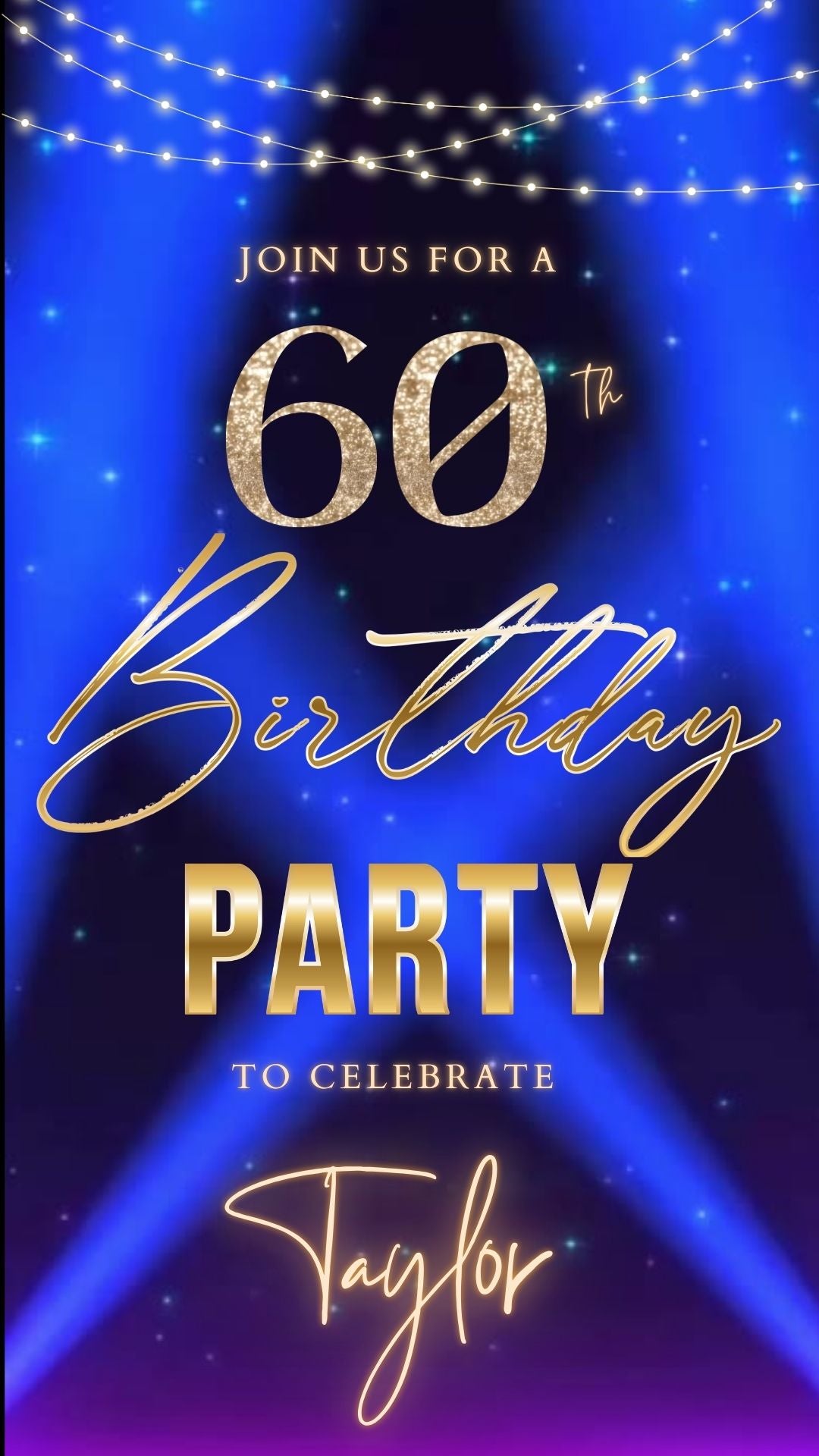 Editable blue purple spotlight 60th birthday birthday video invitation displayed on a mobile phone, featuring an animated vertical digital invite with music, created in Canva. This premium video invitation template is designed for sharing by text, email, and social media and works with an interactive RSVP website for easy guest response tracking.