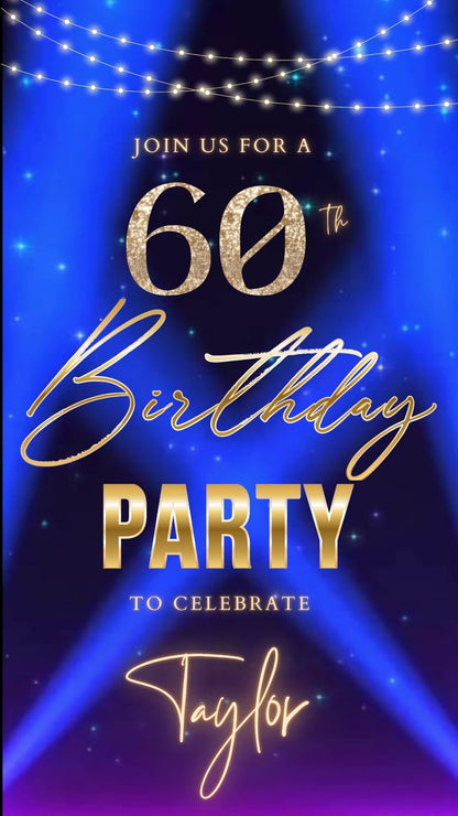 Editable blue purple spotlight 60th birthday birthday video invitation displayed on a mobile phone, featuring an animated vertical digital invite with music, created in Canva. This premium video invitation template is designed for sharing by text, email, and social media and works with an interactive RSVP website for easy guest response tracking.
