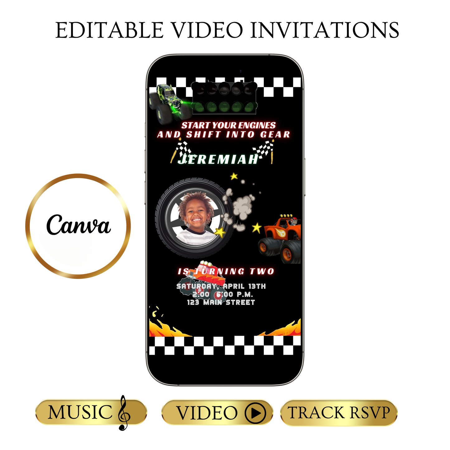 Editable monster truck race birthday birthday video invitation displayed on a mobile phone, featuring an animated vertical digital invite with music, created in Canva. This premium video invitation template is designed for sharing by text, email, and social media and works with an interactive RSVP website for easy guest response tracking.