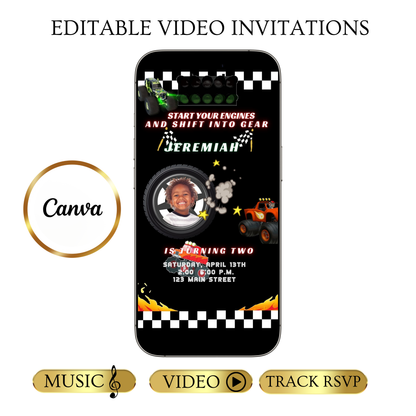 Editable monster truck race birthday birthday video invitation displayed on a mobile phone, featuring an animated vertical digital invite with music, created in Canva. This premium video invitation template is designed for sharing by text, email, and social media and works with an interactive RSVP website for easy guest response tracking.