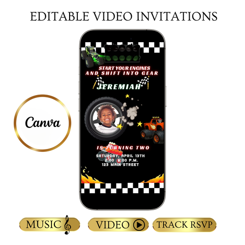 Editable monster truck race birthday birthday video invitation displayed on a mobile phone, featuring an animated vertical digital invite with music, created in Canva. This premium video invitation template is designed for sharing by text, email, and social media and works with an interactive RSVP website for easy guest response tracking.
