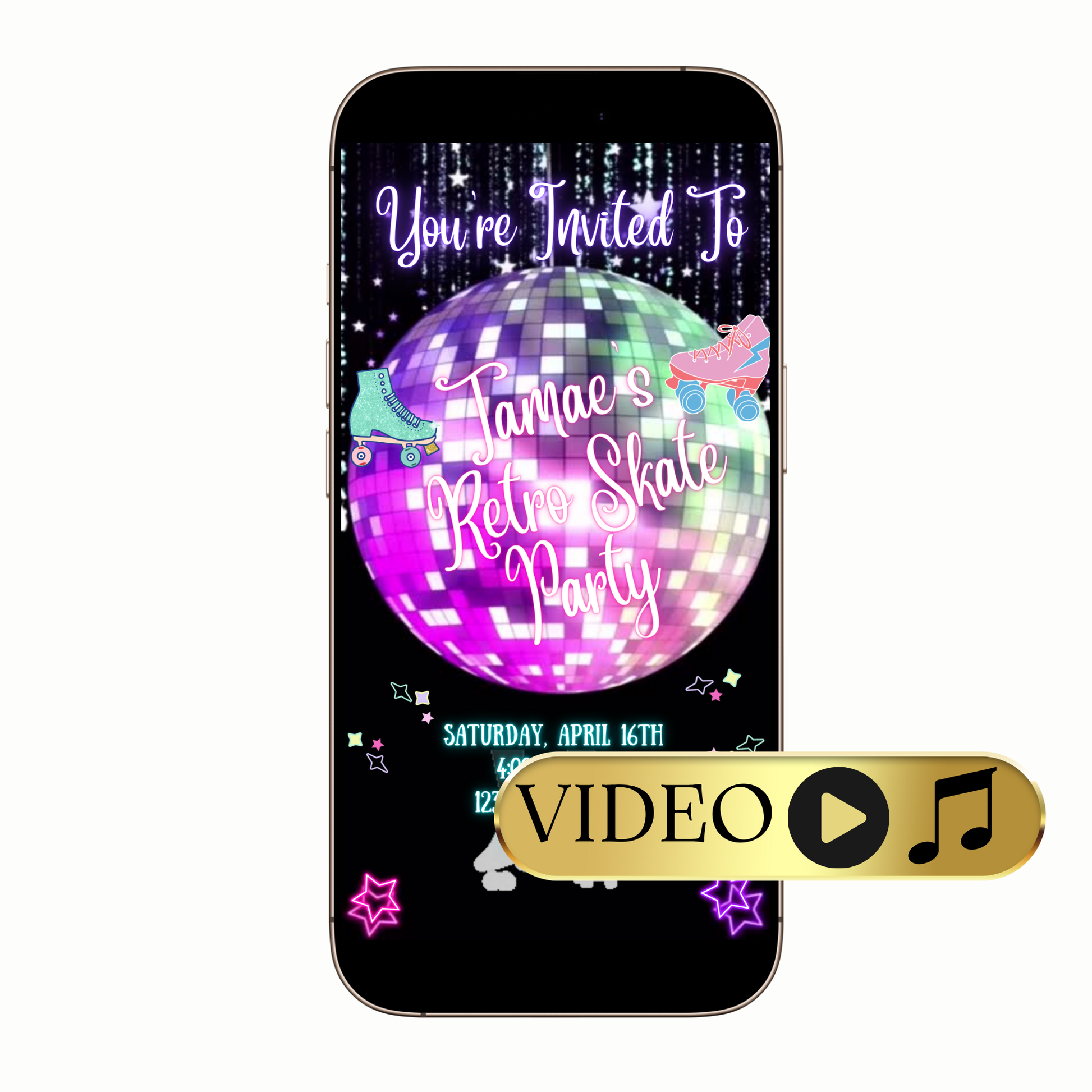 Digital disco ball roller skate video invitation template