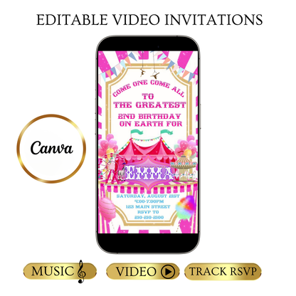 Editable pink circus 2nd birthday birthday video invitation displayed on a mobile phone, featuring an animated vertical digital invite with music, created in Canva. This premium video invitation template is designed for sharing by text, email, and social media and works with an interactive RSVP website for easy guest response tracking.