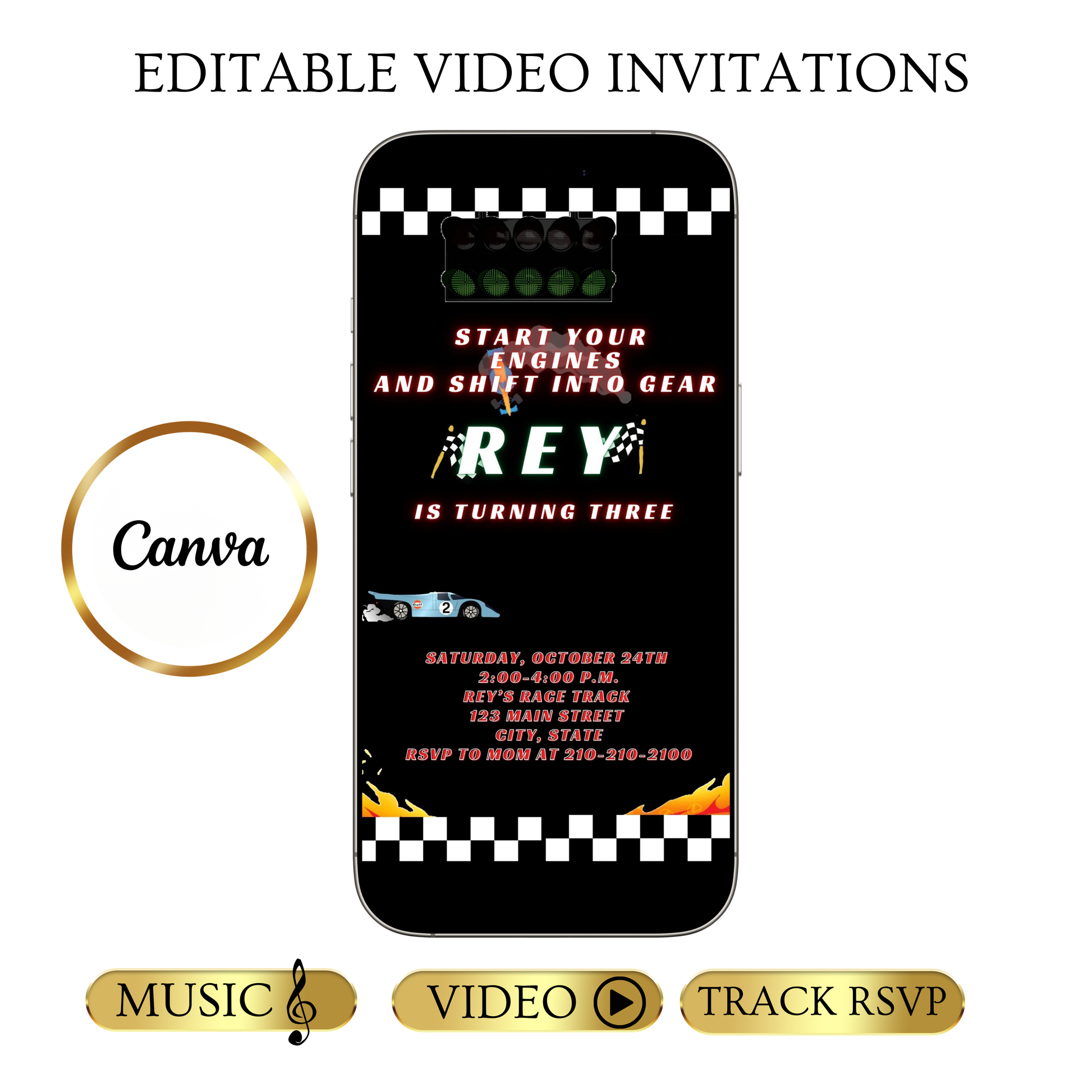 Editable race car birthday birthday video invitation displayed on a mobile phone, featuring an animated vertical digital invite with music, created in Canva. This premium video invitation template is designed for sharing by text, email, and social media and works with an interactive RSVP website for easy guest response tracking.