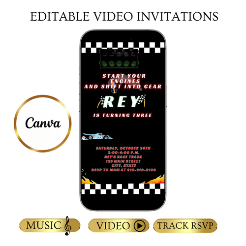Editable race car birthday birthday video invitation displayed on a mobile phone, featuring an animated vertical digital invite with music, created in Canva. This premium video invitation template is designed for sharing by text, email, and social media and works with an interactive RSVP website for easy guest response tracking.
