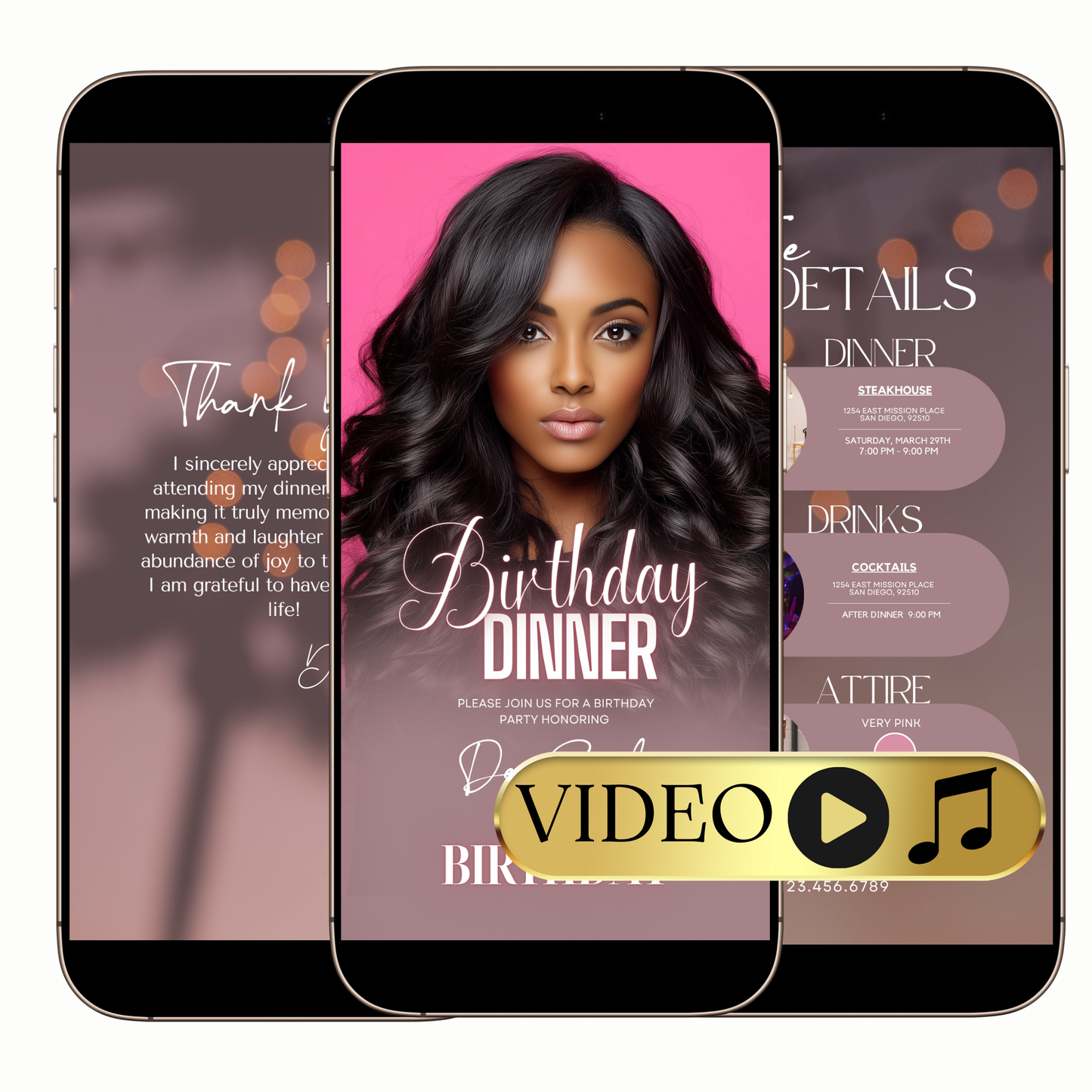 Editable Elegant Pink Birthday Dinner Video Invitation