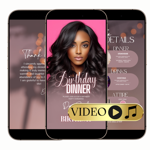 Editable Elegant Pink Birthday Dinner Video Invitation