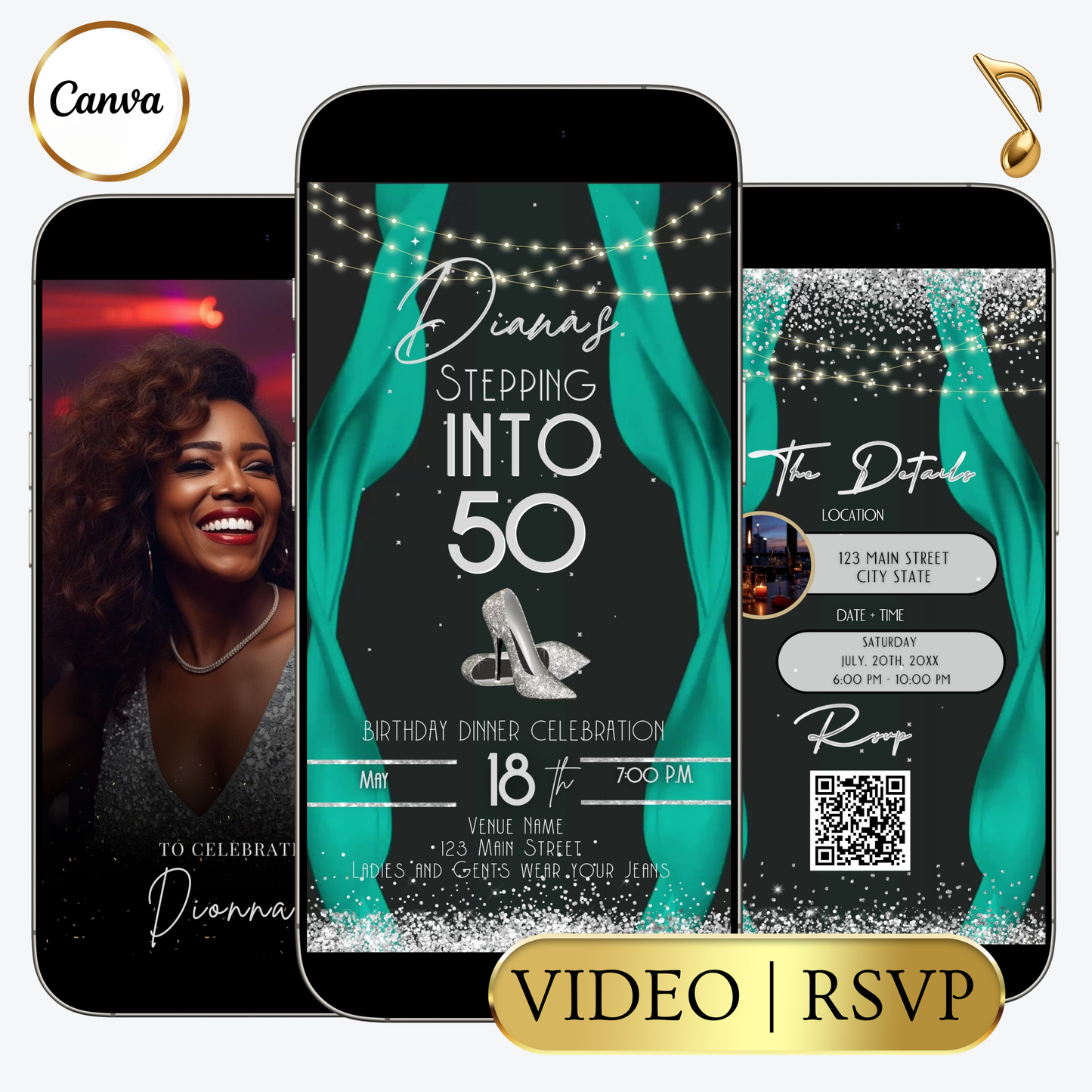 Editable teal red carpet 50th birthday video invitation displayed on a mobile phone, featuring an animated vertical digital invite with music, created in Canva. This premium video invitation template is designed for sharing by text, email, and social media and works with an interactive RSVP website for easy guest response tracking.
