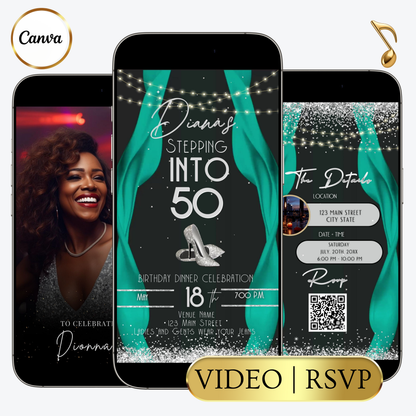 Editable teal red carpet 50th birthday video invitation displayed on a mobile phone, featuring an animated vertical digital invite with music, created in Canva. This premium video invitation template is designed for sharing by text, email, and social media and works with an interactive RSVP website for easy guest response tracking.