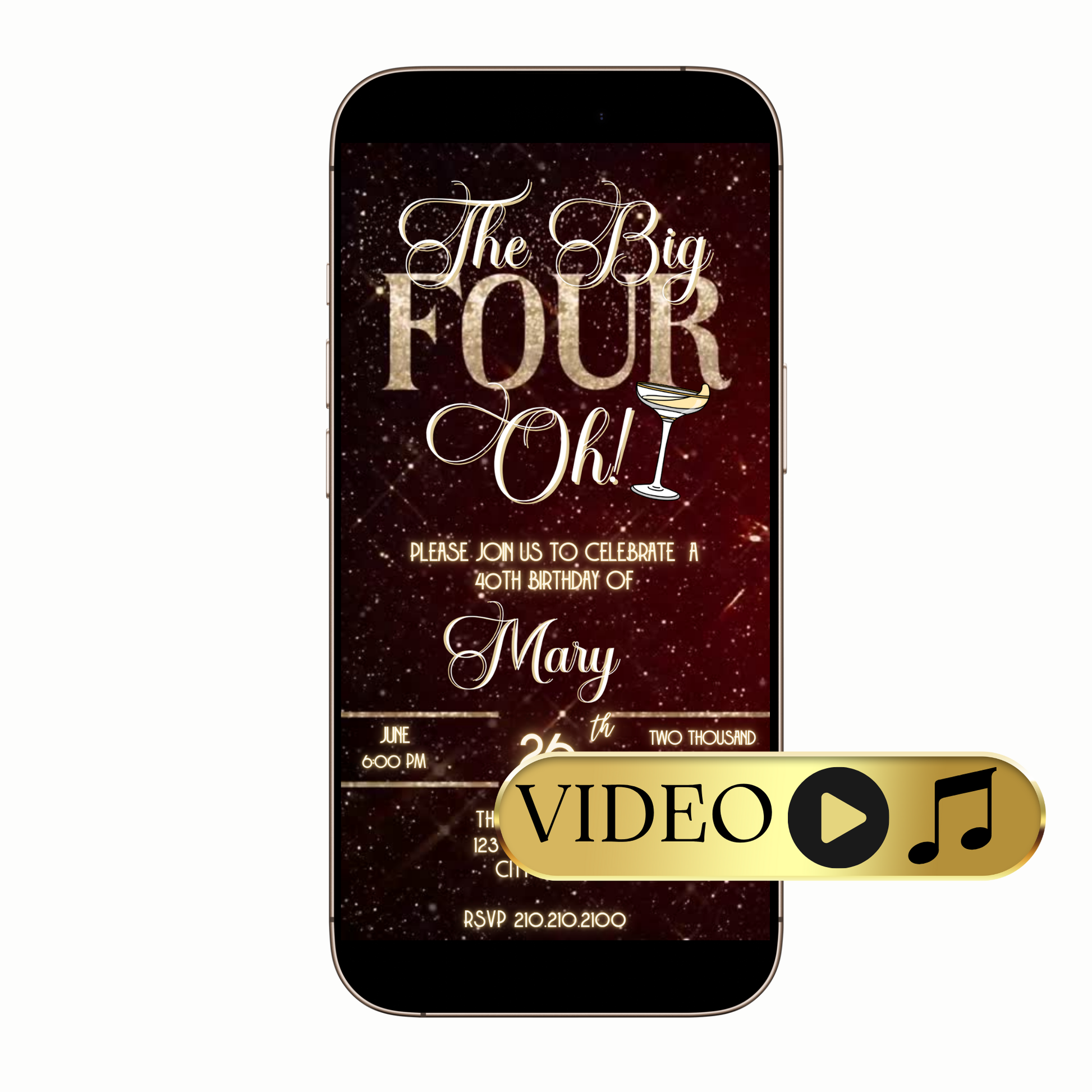 Editable Elegant The Big Four-Oh 40th Birthday Video Invitation — Gold Glam Celebration Template