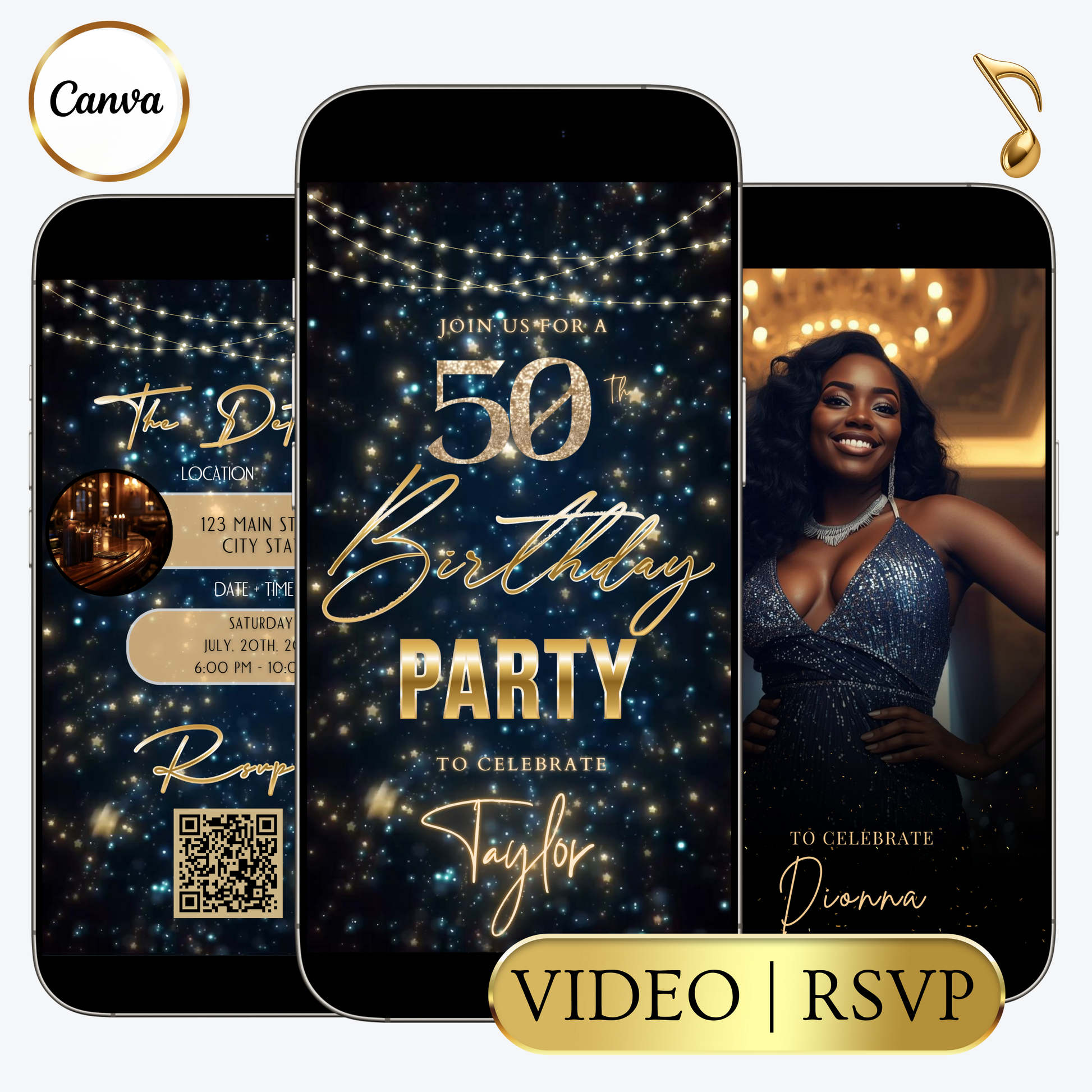 Editable navy blue gold starry 50th birthday video invitation displayed on a mobile phone, featuring an animated vertical digital invite with music, created in Canva. This premium video invitation template is designed for sharing by text, email, and social media and works with an interactive RSVP website for easy guest response tracking.