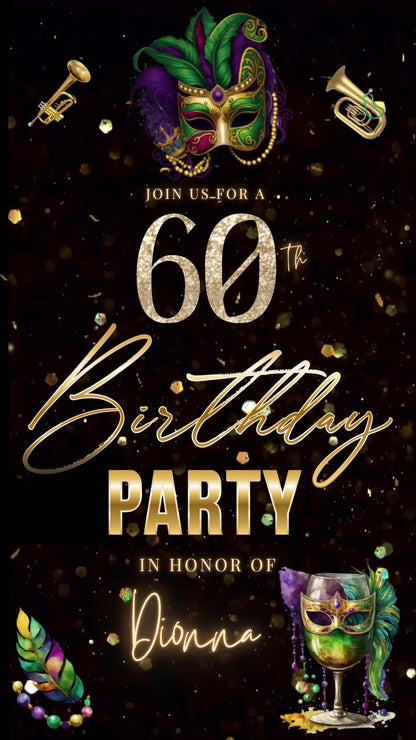 Editable masquerade mardi gras 60th birthday birthday video invitation displayed on a mobile phone, featuring an animated vertical digital invite with music, created in Canva. This premium video invitation template is designed for sharing by text, email, and social media and works with an interactive RSVP website for easy guest response tracking.