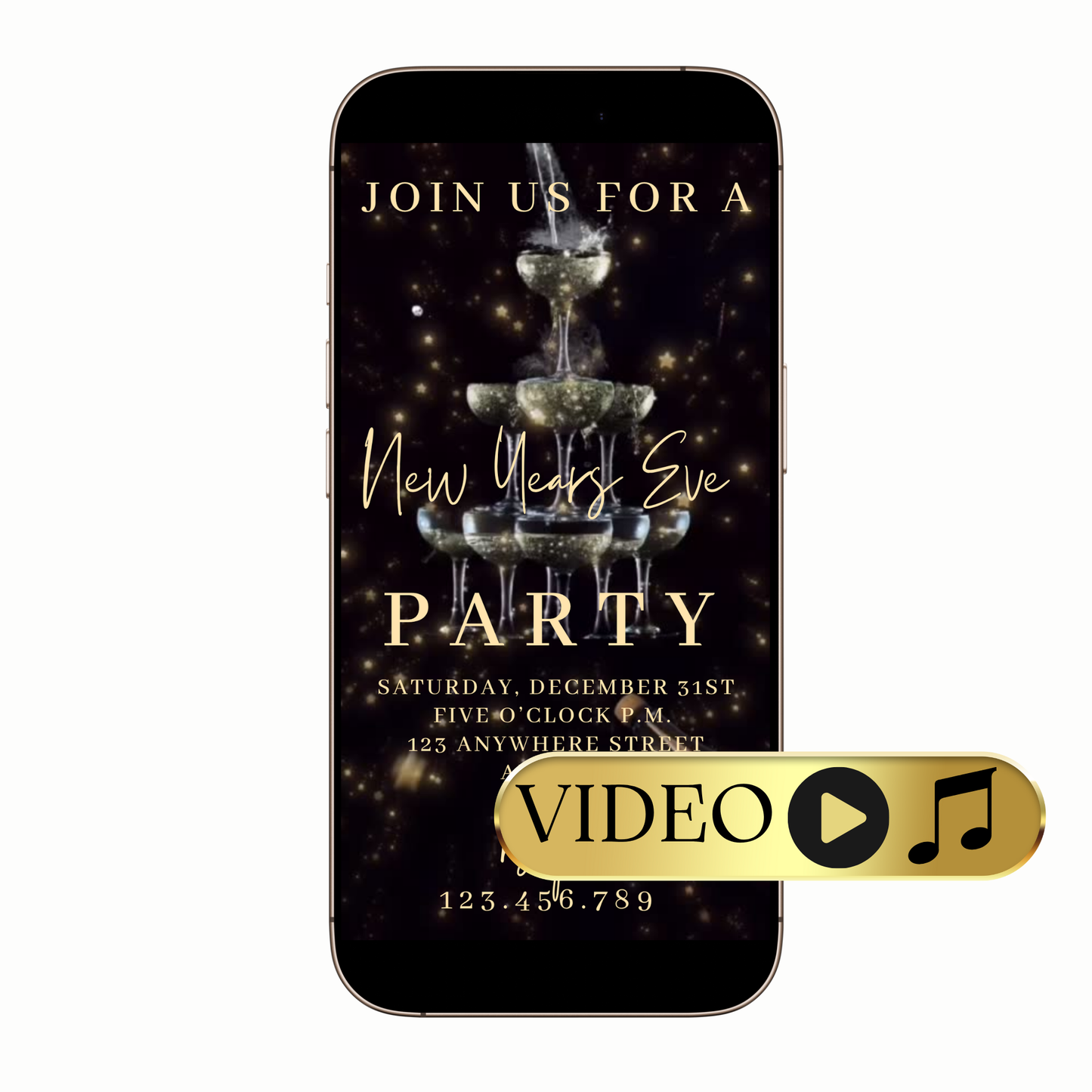 Digital champagne tower video invitation for New Year's Eve