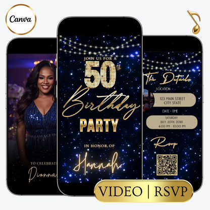 Editable blue starry lights 50th birthday video invitation displayed on a mobile phone, featuring an animated vertical digital invite with music, created in Canva. This premium video invitation template is designed for sharing by text, email, and social media and works with an interactive RSVP website for easy guest response tracking.